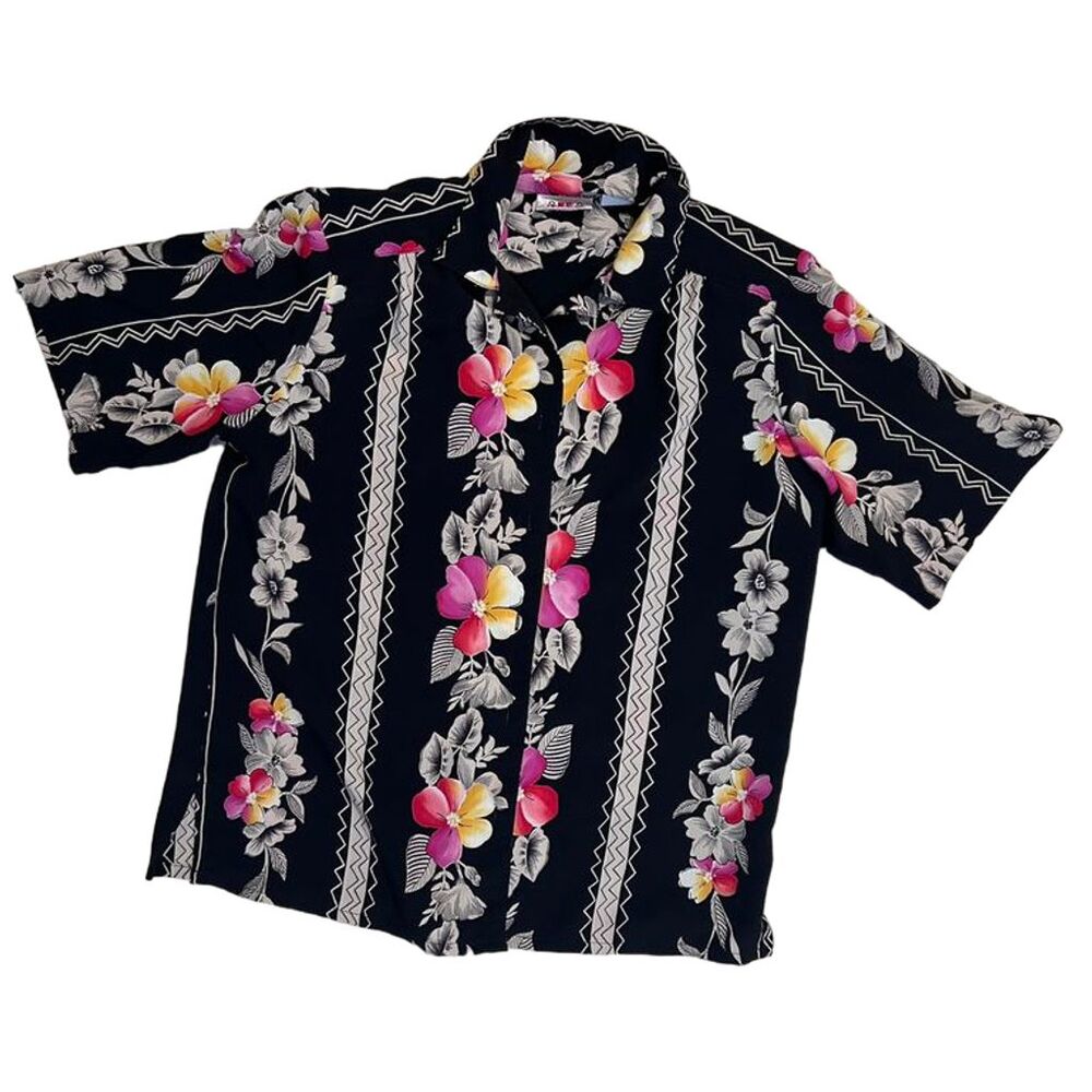 Tropical Hawaiian Beach Black Floral Button-Up Rayon Shirt Short Sleeve